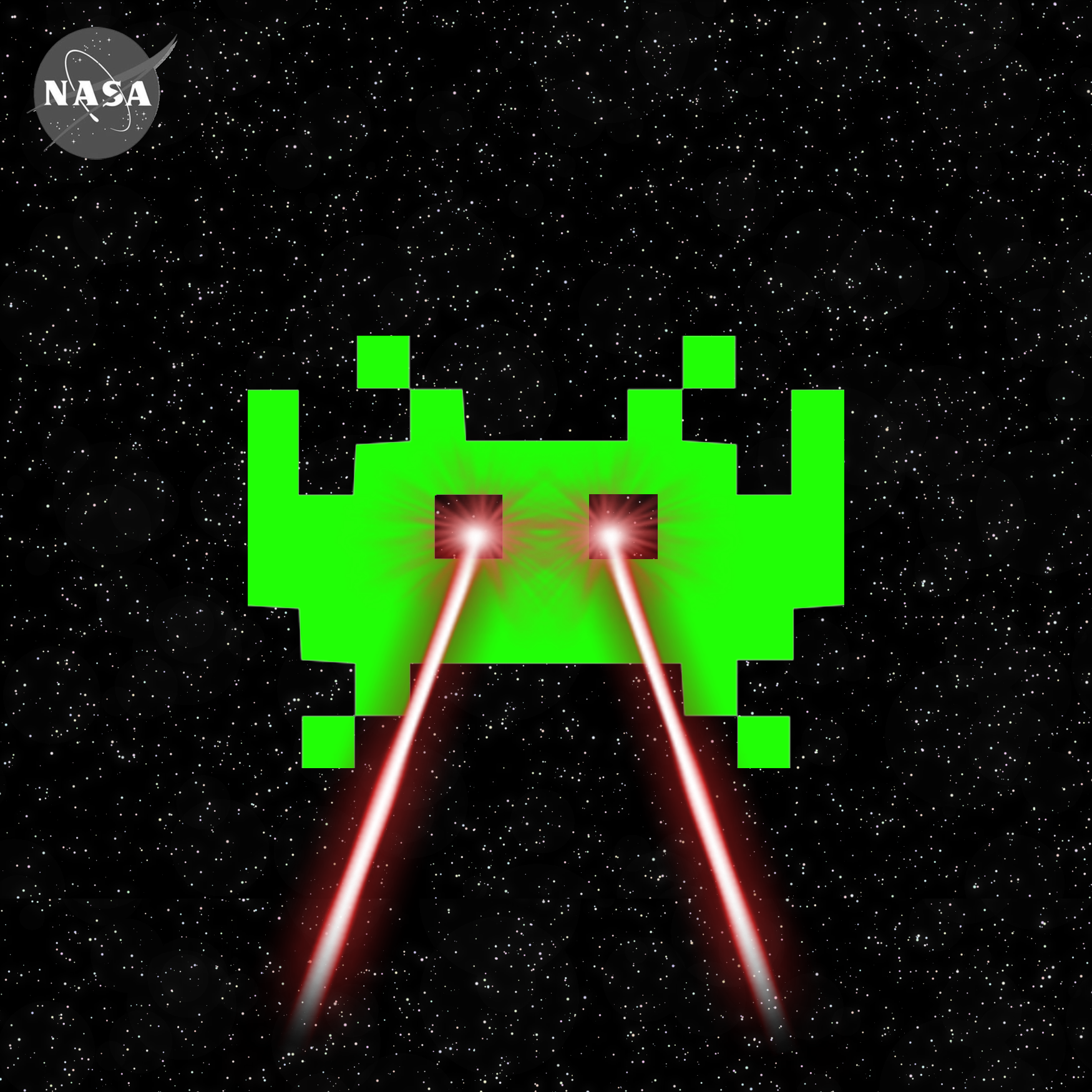 Green Hood Invader firing twin laser beams across a starfield